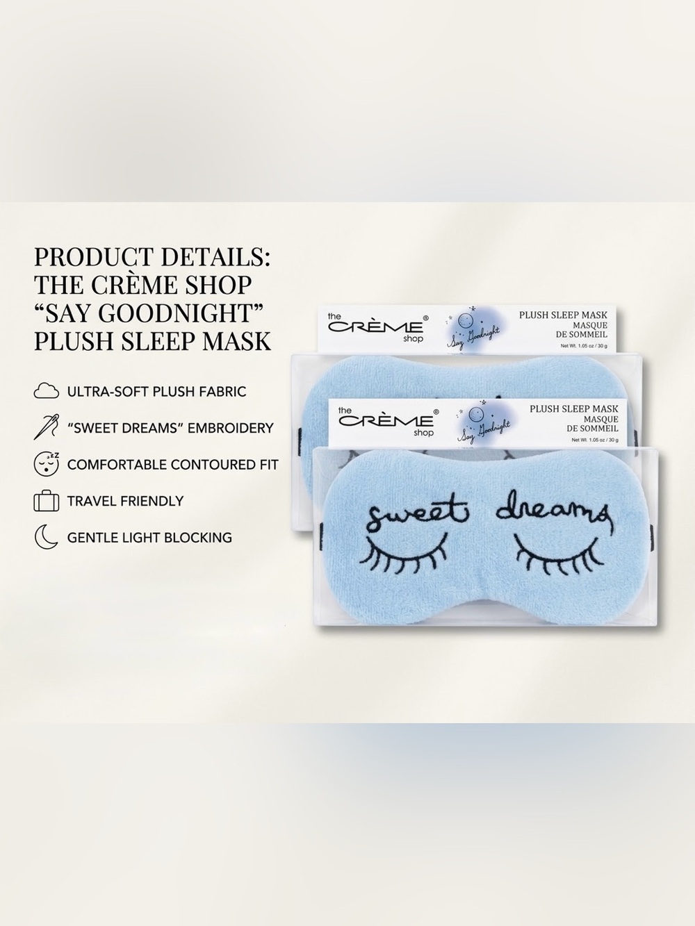 2 pack CRÈME Shop Light Blue 'Sweet Dreams' Plush Sleep Mask